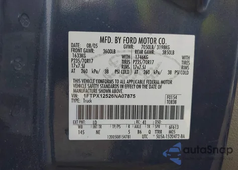 2006 Ford F-150 Lariat/Xl/Xlt z USA, uszkodzony, nr VIN 1FTPX12526NA07875